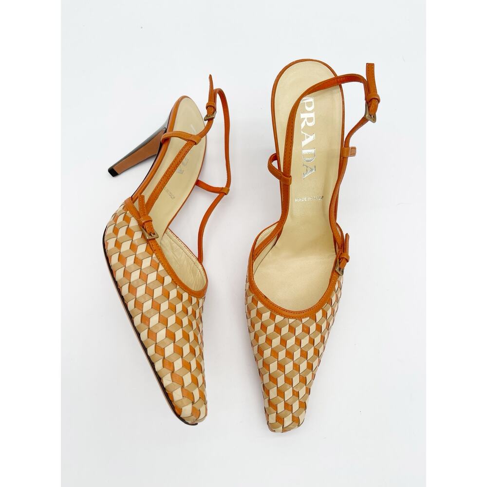 Prada Vintage Retro Orange Cream Woven Leather Slingback Pointed Toe Heels IT 40